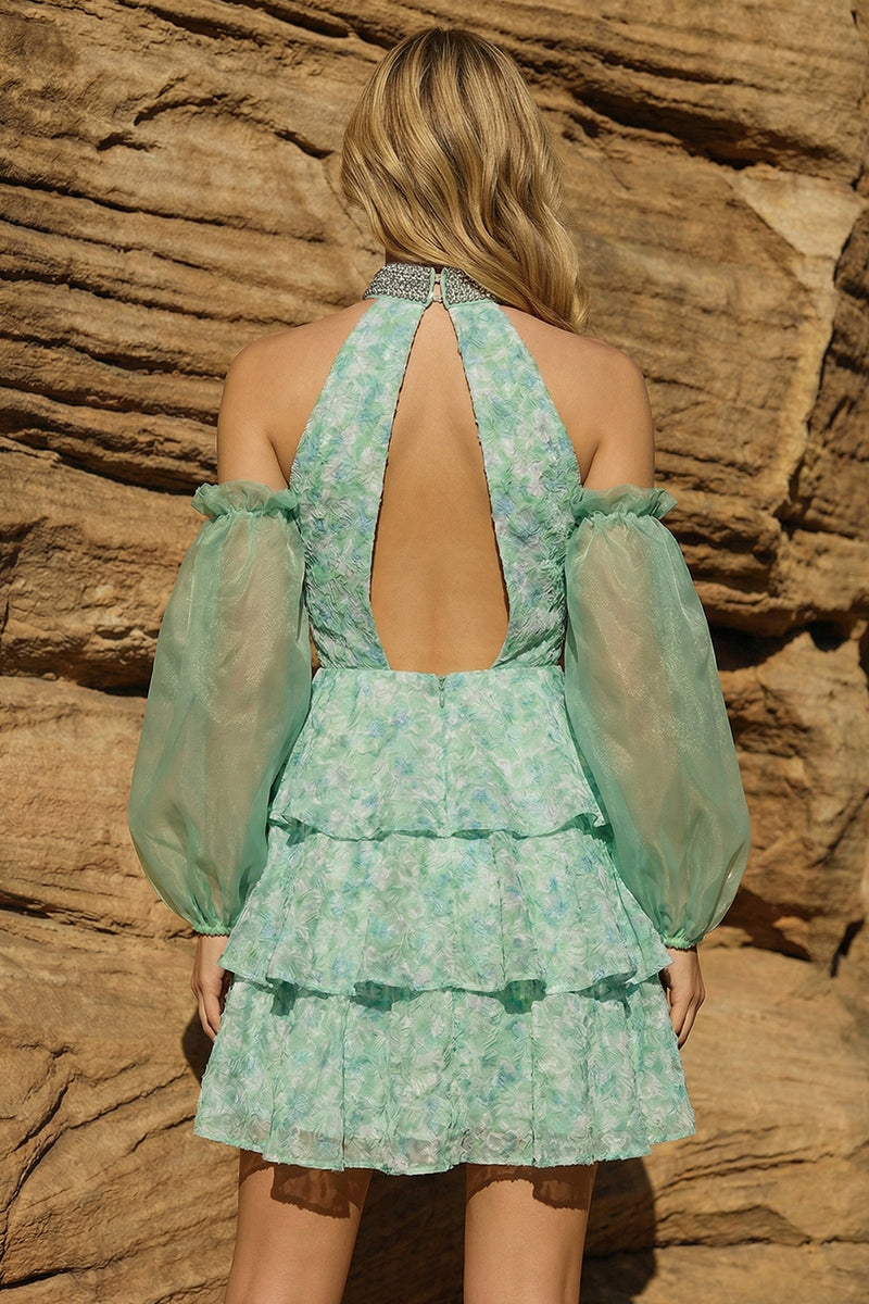 Load image into Gallery viewer, Light Green Keyhole Halter Short Prom Dress with Detachable Sleeves