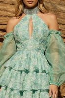 Load image into Gallery viewer, Light Green Keyhole Halter Short Prom Dress with Detachable Sleeves