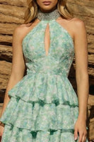 Load image into Gallery viewer, Light Green Keyhole Halter Short Prom Dress with Detachable Sleeves