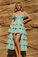 Load image into Gallery viewer, Floral Light Green Ruffled Off the Shoulder High Low Prom Dress