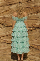 Load image into Gallery viewer, Floral Light Green Ruffled Off the Shoulder High Low Prom Dress