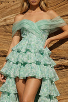 Load image into Gallery viewer, Floral Light Green Ruffled Off the Shoulder High Low Prom Dress