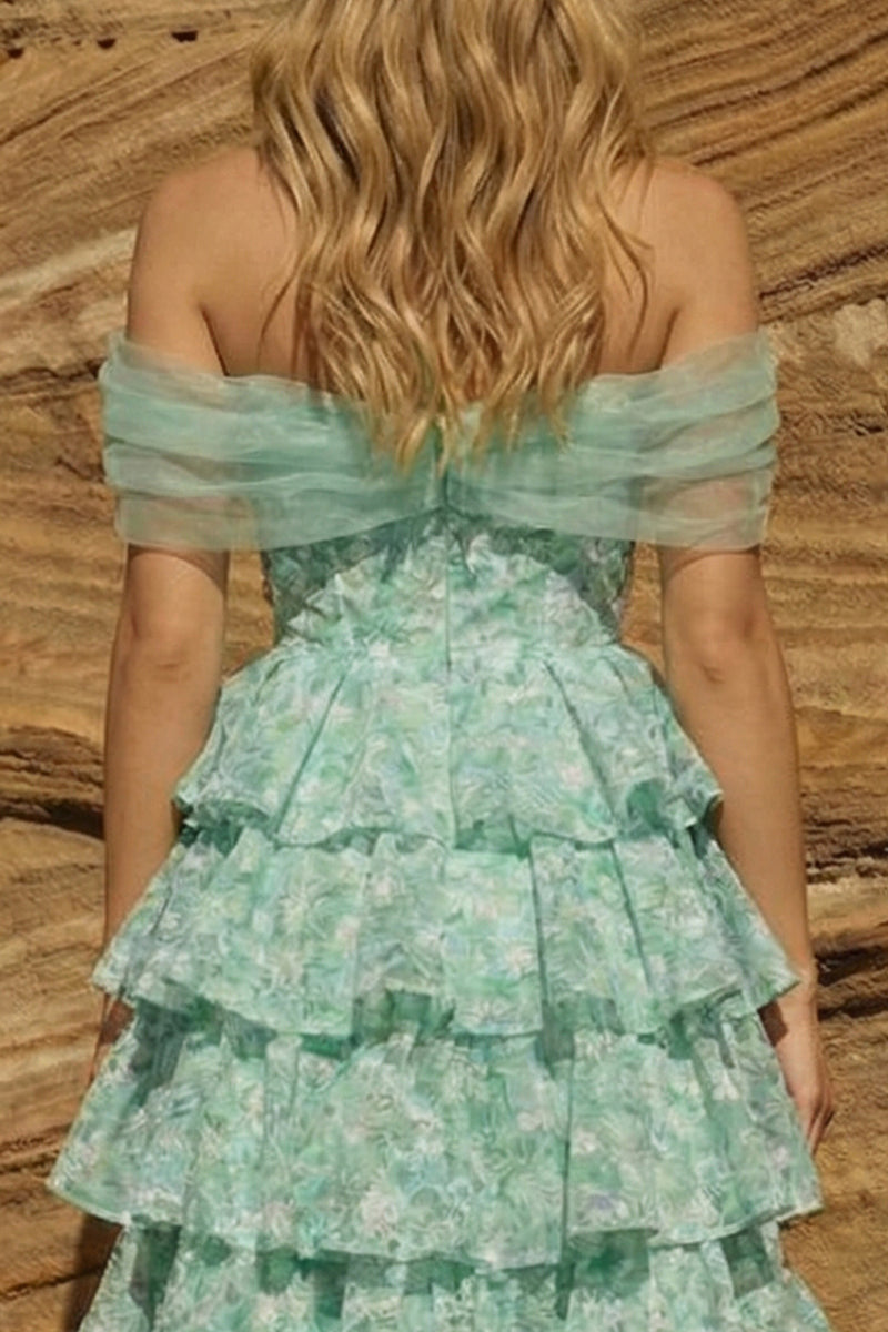 Load image into Gallery viewer, Floral Light Green Ruffled Off the Shoulder High Low Prom Dress
