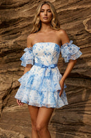 Load image into Gallery viewer, Blue Floral Strapless Ruffled Sleeves A Line Short Prom Dress with Bow
