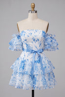 Load image into Gallery viewer, Blue Floral Strapless Ruffled Sleeves A Line Short Prom Dress with Bow