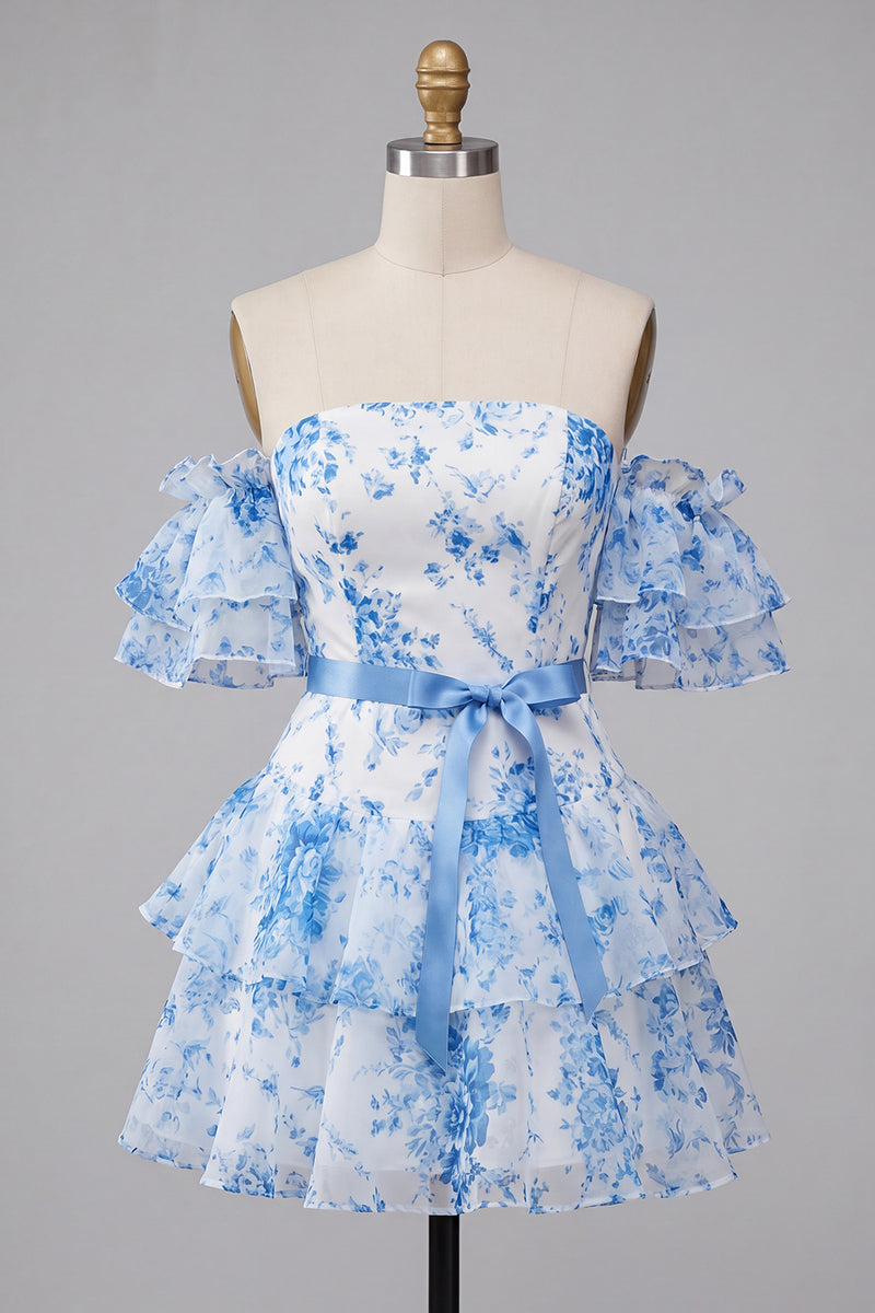 Load image into Gallery viewer, Blue Floral Strapless Ruffled Sleeves A Line Short Prom Dress with Bow