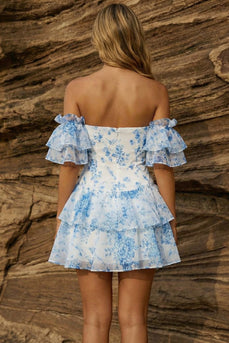 Blue Floral Strapless Ruffled Sleeves A Line Short Prom Dress with Bow