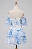 Load image into Gallery viewer, Blue Floral Strapless Ruffled Sleeves A Line Short Prom Dress with Bow