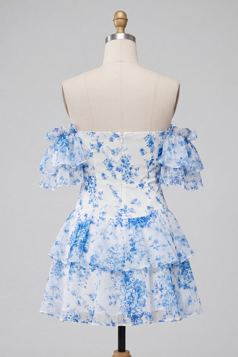 Load image into Gallery viewer, Blue Floral Strapless Ruffled Sleeves A Line Short Prom Dress with Bow
