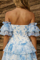 Load image into Gallery viewer, Blue Floral Strapless Ruffled Sleeves A Line Short Prom Dress with Bow