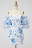 Load image into Gallery viewer, Blue Bodycon Floral Ruffled Sleeves Strapless Short Prom Dress