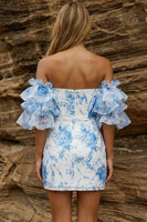 Load image into Gallery viewer, Blue Bodycon Floral Ruffled Sleeves Strapless Short Prom Dress