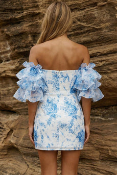 Blue Bodycon Floral Ruffled Sleeves Strapless Short Prom Dress