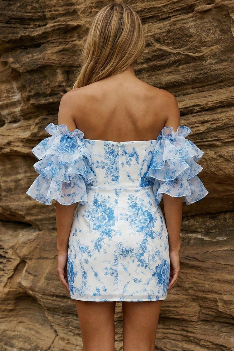 Load image into Gallery viewer, Blue Bodycon Floral Ruffled Sleeves Strapless Short Prom Dress
