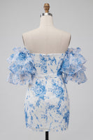 Load image into Gallery viewer, Blue Bodycon Floral Ruffled Sleeves Strapless Short Prom Dress