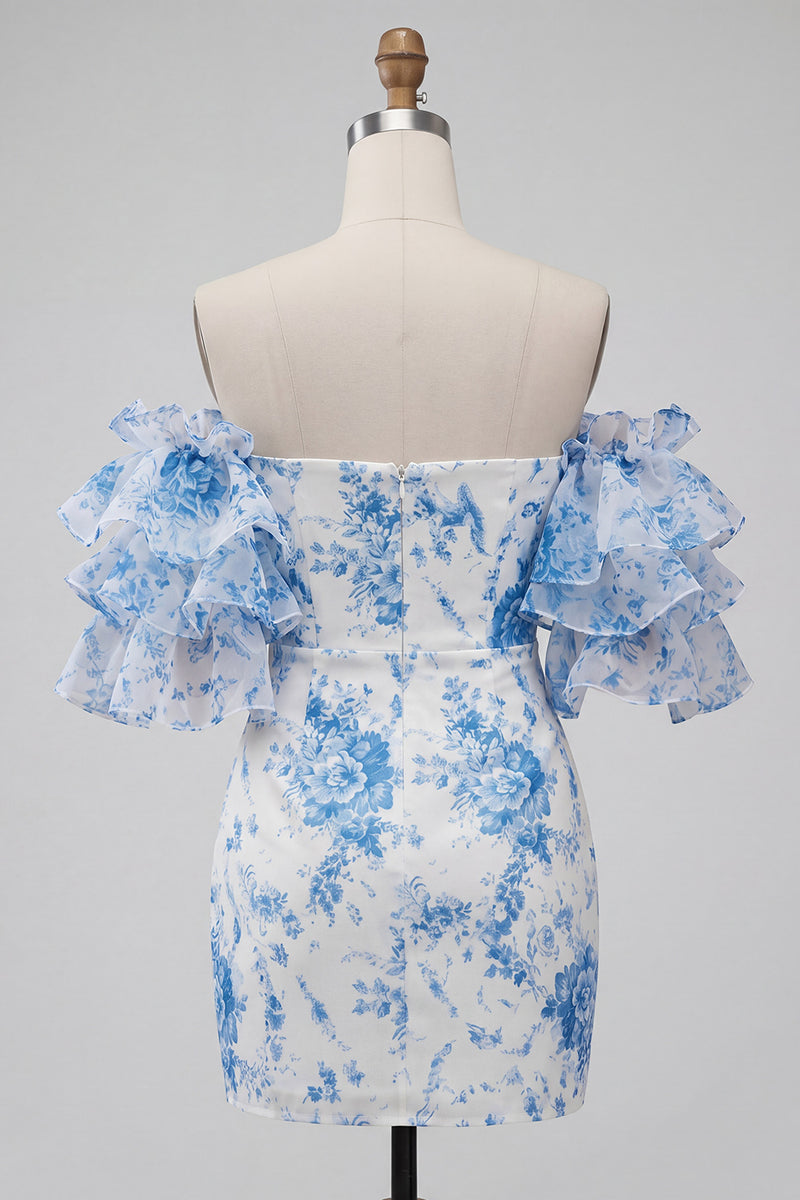 Load image into Gallery viewer, Blue Bodycon Floral Ruffled Sleeves Strapless Short Prom Dress