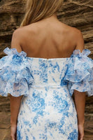 Load image into Gallery viewer, Blue Bodycon Floral Ruffled Sleeves Strapless Short Prom Dress