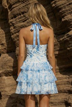 Halter Blue Floral A Line Corset Ruffled Short Prom Dress with Bows
