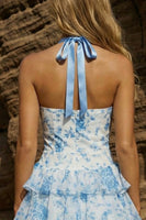 Load image into Gallery viewer, Halter Blue Floral A Line Corset Ruffled Short Prom Dress with Bows