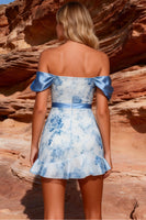 Load image into Gallery viewer, Off the Shoulder Blue Floral Bodycon Ruffled Short Prom Dress with Bow