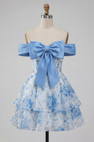 Load image into Gallery viewer, Floral Blue Ruffled Off the Shoulder Short Prom Dress with Bow