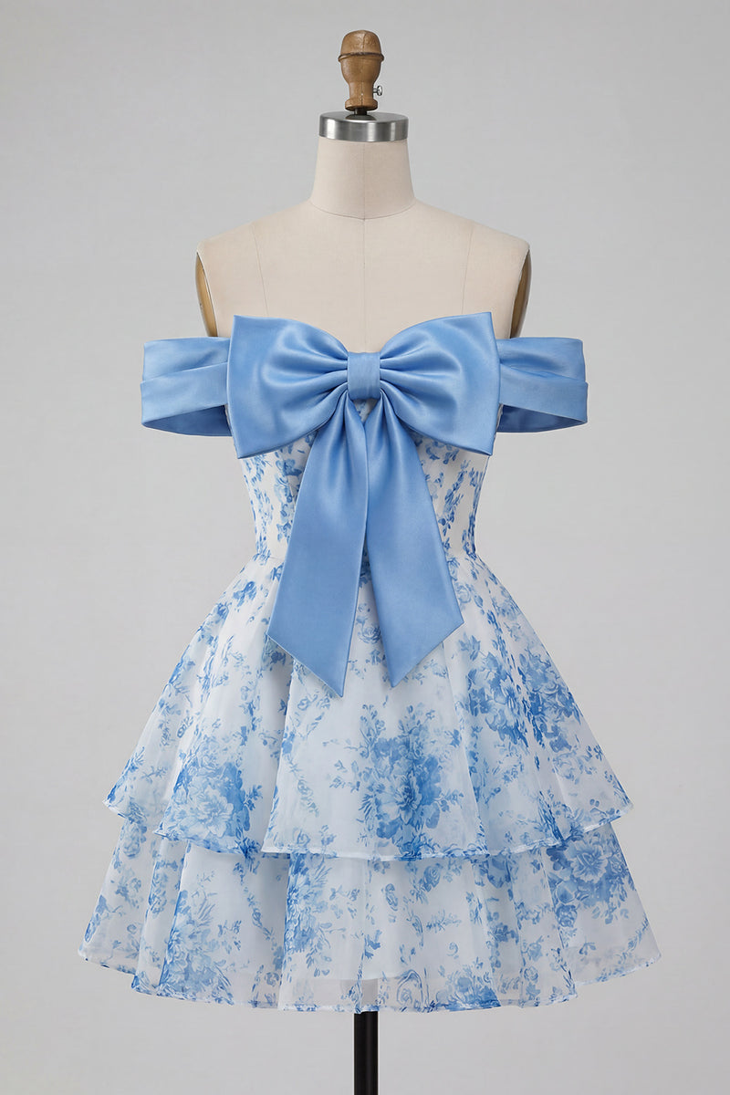 Load image into Gallery viewer, Floral Blue Ruffled Off the Shoulder Short Prom Dress with Bow