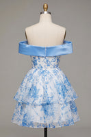 Load image into Gallery viewer, Floral Blue Ruffled Off the Shoulder Short Prom Dress with Bow
