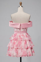 Load image into Gallery viewer, Pink Floral Off the Shoulder Corset Tiered Short Prom Dress with Bow