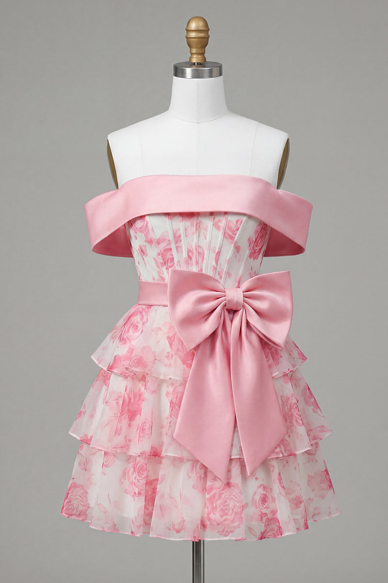 Load image into Gallery viewer, Pink Floral Off the Shoulder Corset Tiered Short Prom Dress with Bow