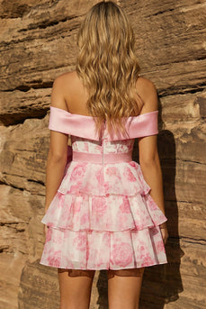 Pink Floral Off the Shoulder Corset Tiered Short Prom Dress with Bow