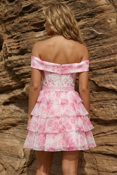 Pink Floral Corset Off the Shoulder A Line Short Prom Dress with Bow