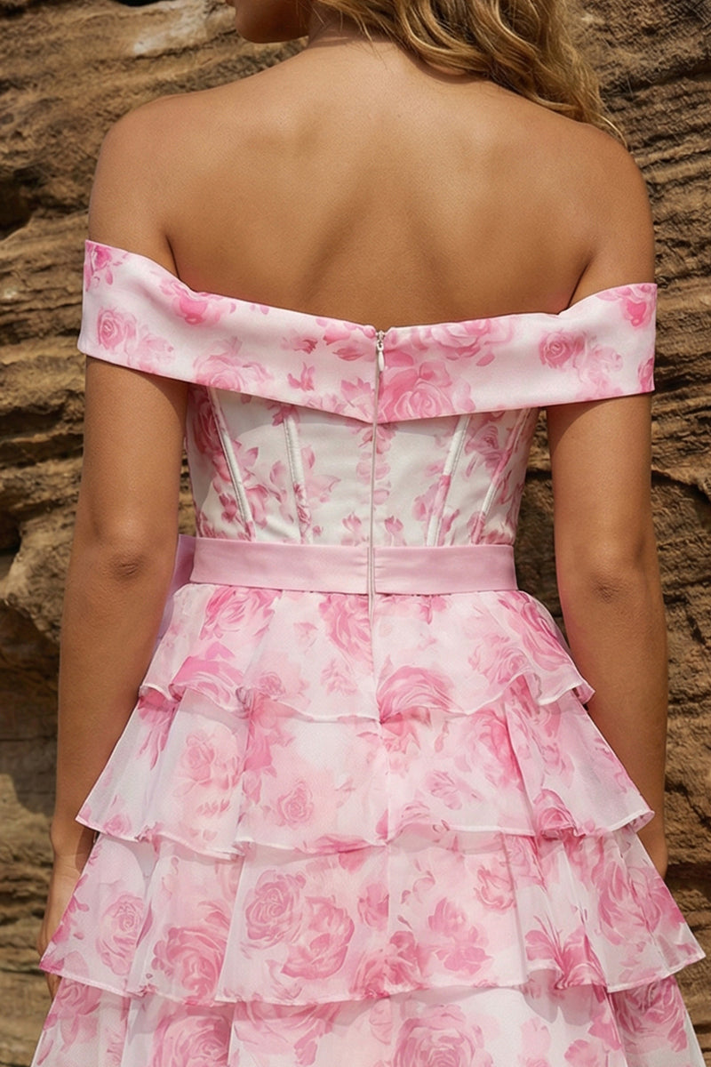Load image into Gallery viewer, Pink Floral Corset Off the Shoulder A Line Short Prom Dress with Bow