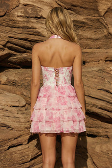 Floral Corset Pink Halter Beaded Ruffled Short Prom Dress