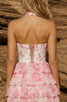 Load image into Gallery viewer, Floral Corset Pink Halter Beaded Ruffled Short Prom Dress
