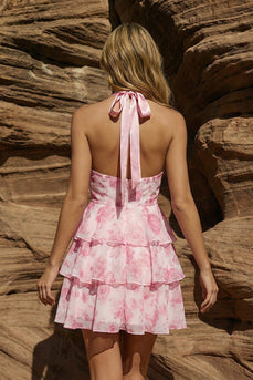 Halter Pink Floral Ruffled A Line Short Prom Dress with Bow