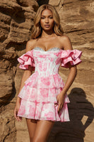 Load image into Gallery viewer, Sweetheart Floral Pink Corset Ruffled Sleeves Short Prom Dress