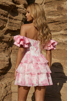 Load image into Gallery viewer, Sweetheart Floral Pink Corset Ruffled Sleeves Short Prom Dress