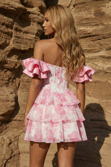 Sweetheart Floral Pink Corset Ruffled Sleeves Short Prom Dress