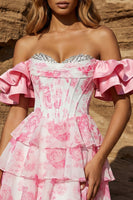 Load image into Gallery viewer, Sweetheart Floral Pink Corset Ruffled Sleeves Short Prom Dress