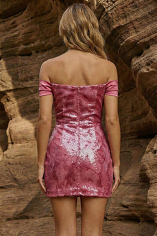 Sparkly Pink Off the Shoulder Sequins Bodycon Short Prom Dress