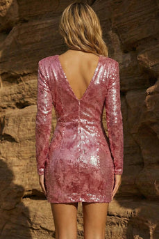Sparkly Pink Deep V Neck Sequins Long Sleeves Short Prom Dress
