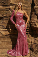 Load image into Gallery viewer, Sparkly Pink One Shoulder Mermaid Long Prom Dress with Sleeve