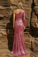 Load image into Gallery viewer, Sparkly Pink One Shoulder Mermaid Long Prom Dress with Sleeve