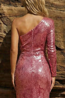Load image into Gallery viewer, Sparkly Pink One Shoulder Mermaid Long Prom Dress with Sleeve