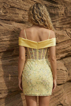 Sparkly Yellow Cold Shoulder Floral Corset Short Prom Dress with Embroidery