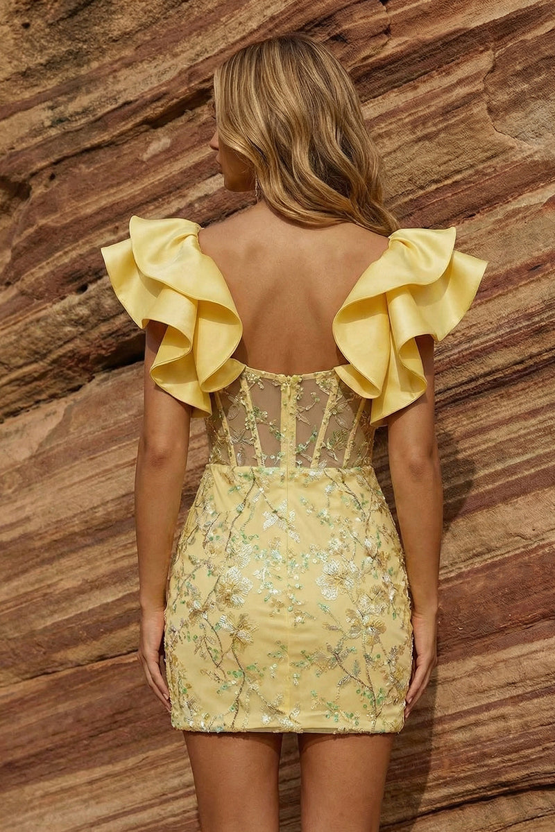 Load image into Gallery viewer, Yellow Corset Bodycon Floral Ruffled Sleeves Short Prom Dress with Embroidery
