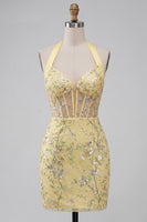 Load image into Gallery viewer, Halter Yellow Corset Bodycon Floral Short Prom Dress with Embroidery