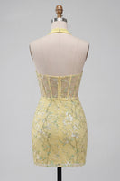 Load image into Gallery viewer, Halter Yellow Corset Bodycon Floral Short Prom Dress with Embroidery