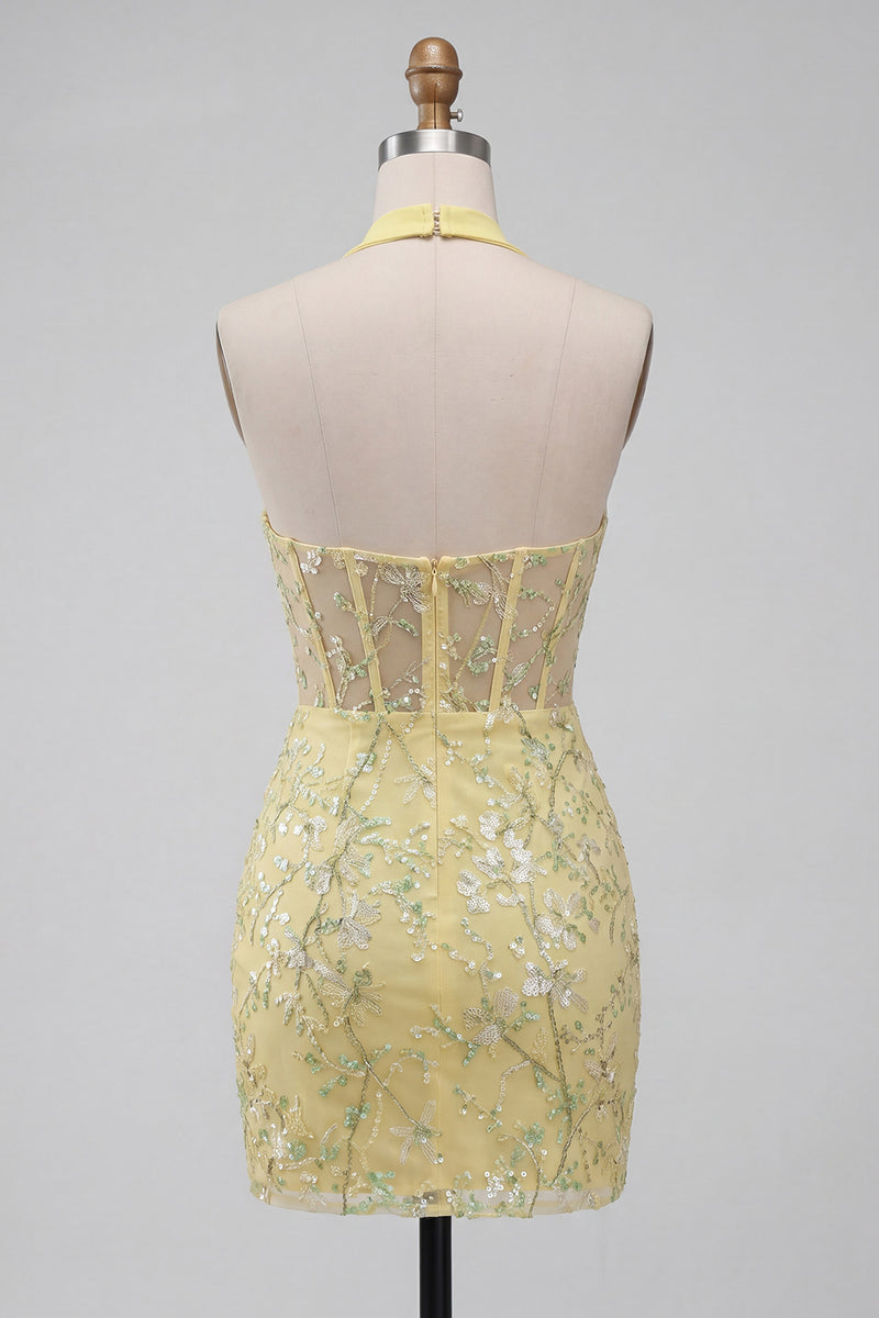 Load image into Gallery viewer, Halter Yellow Corset Bodycon Floral Short Prom Dress with Embroidery