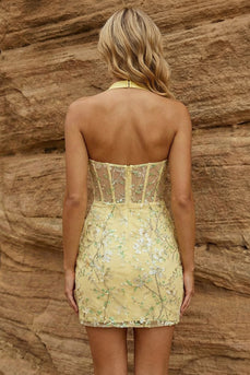 Halter Yellow Corset Bodycon Floral Short Prom Dress with Embroidery